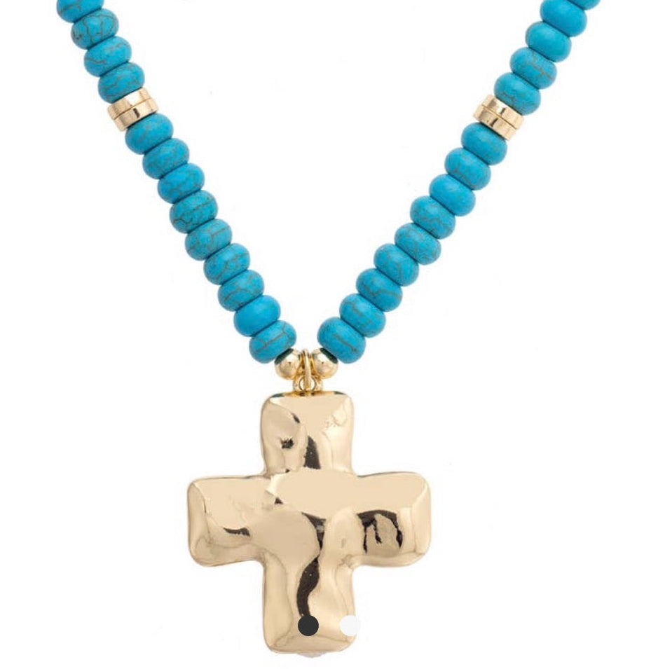Gold & Turquoise Beaded Necklace with Gold Cross Pendant