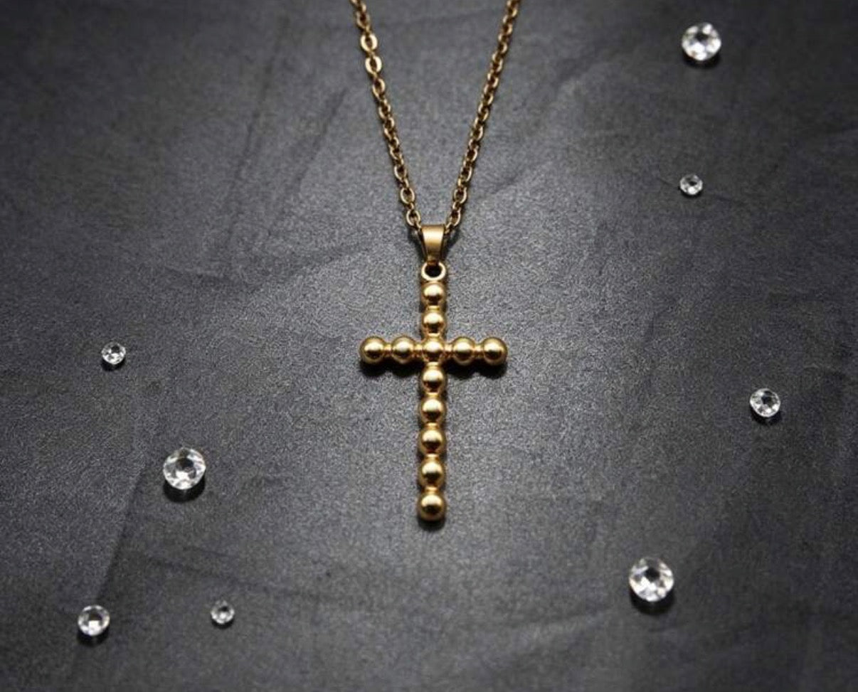 Gold Stainless Steel Ball Beaded Cross on Gold Chain