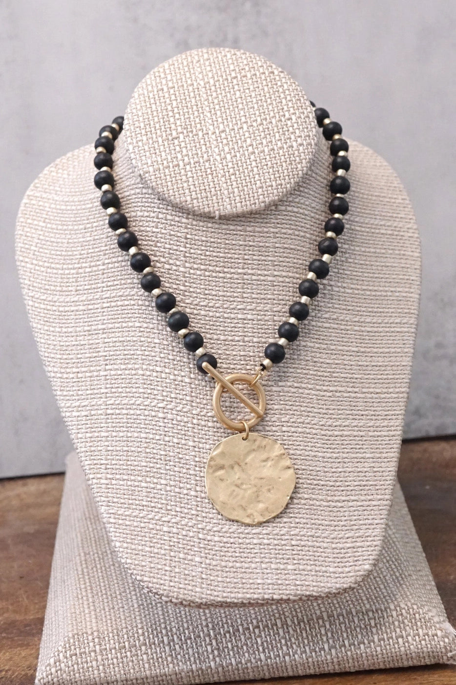 SOLD OUT!!! Wooden Bead Coin Toggle Necklace in Black & Gold