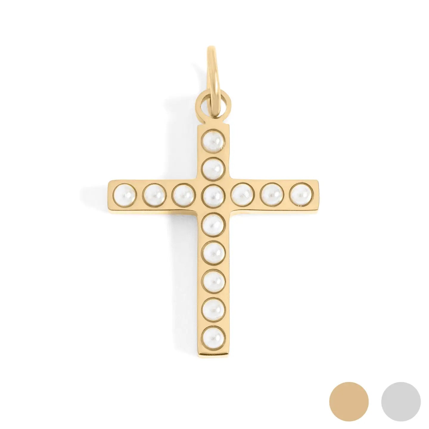 Gold Paperclip Carabiner Charm Holder Necklace with Gold & Pearl Cross Charm