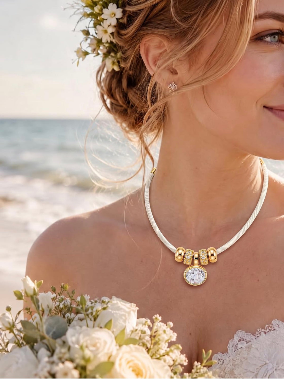 Gold Oval Crystal & Gold Charms on a White/Light Cream Satin Rope Necklace.