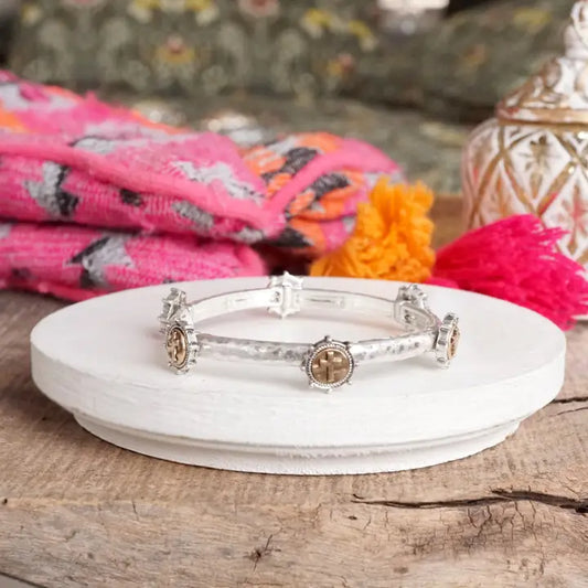 Metal Cross Coin Bangle in worn Silver