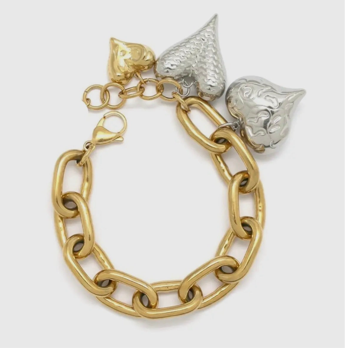 Large Two-Tone Three Heart Chain Bracelet