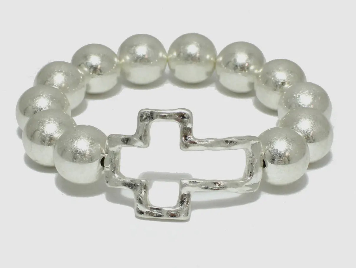 Worn Silver Beaded Stretch Bracelet with Open Cross Detail