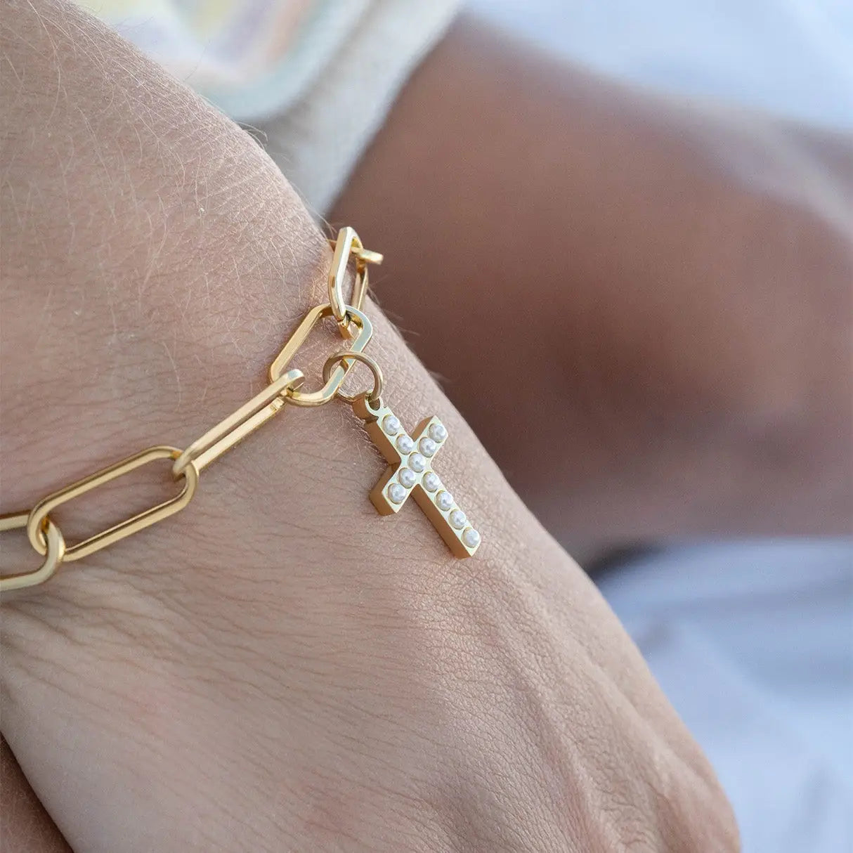 Gold Paperclip Carabiner Charm Holder Necklace with Gold & Pearl Cross Charm