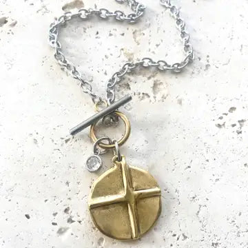 18” Two-Tone Cross/Heart Reversible Pendant on a Toggle Chain
