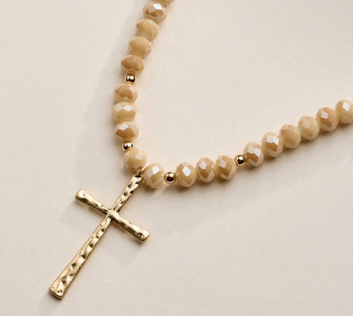 Natural Color Beaded Necklace with Thin Hammered Cross