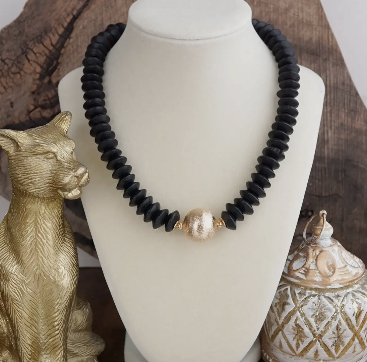 Black Wood Saucer Beaded Short Necklace with Gold Ball