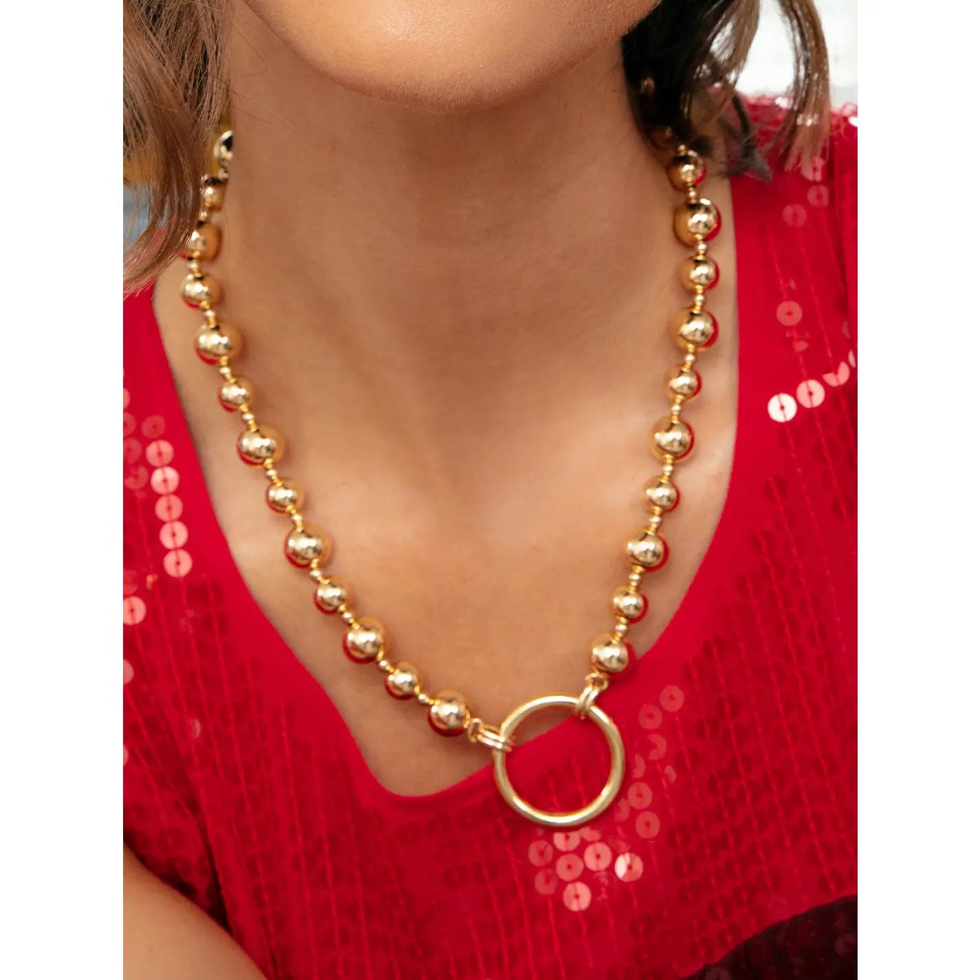 Gold Metal Circle Charm Beaded Collar Necklace