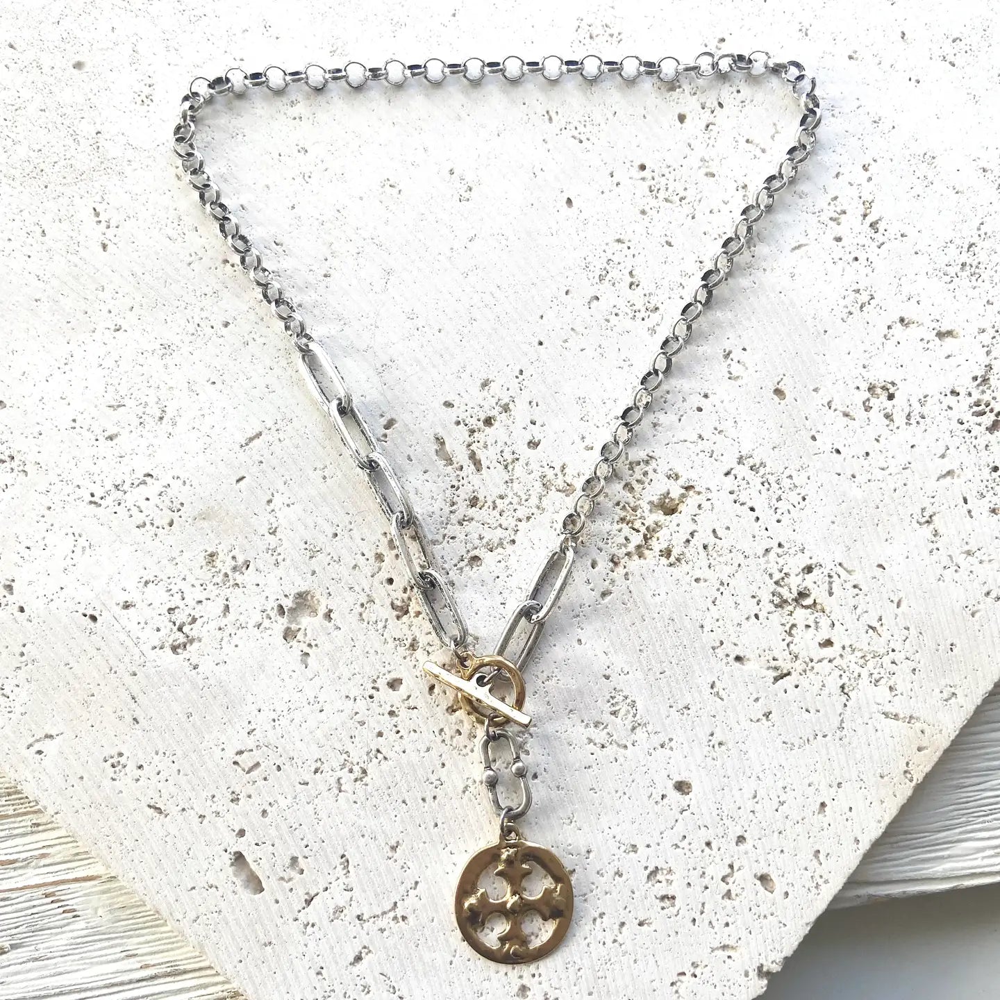 Two-Tone Silver Chain Necklace with Gold Toggle & Gold Cross pendant