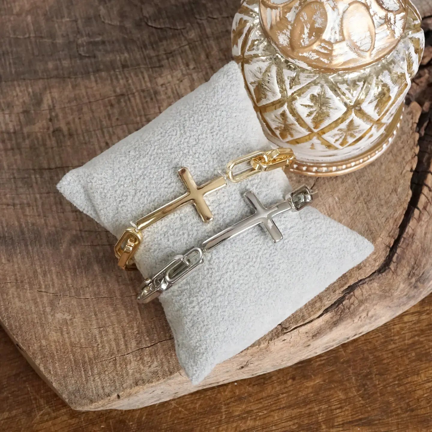 Silver Sideways Cross Stretch Bracelet