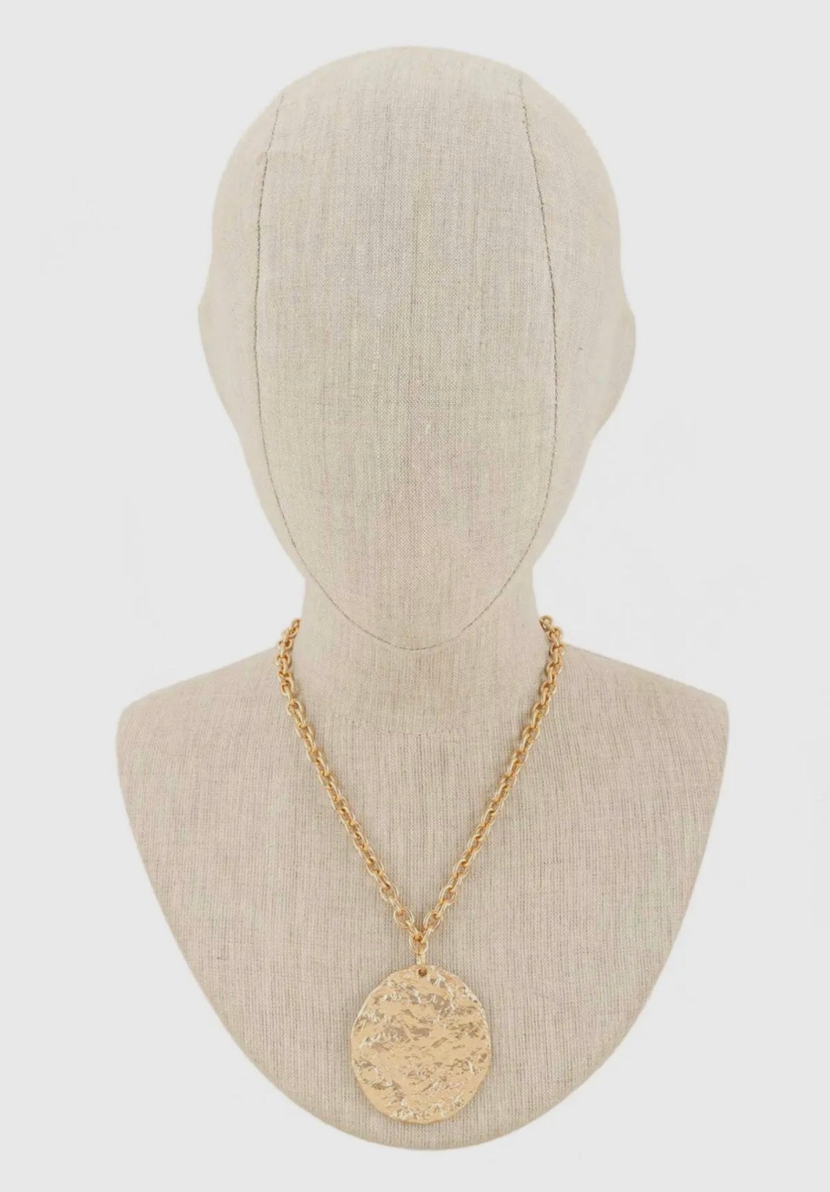 Silver Chain Necklace with Large Hammered Medallion Pendant