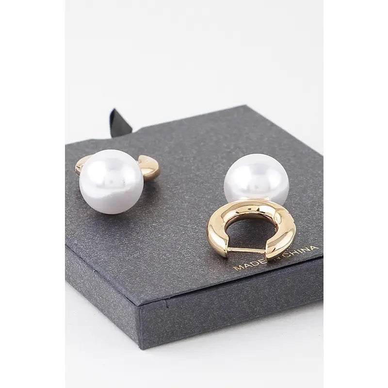Gold Shiny Hoop Earrings with Pearl Drop