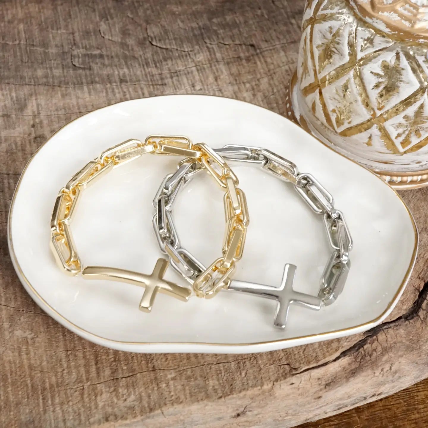 Silver Sideways Cross Stretch Bracelet