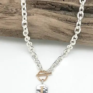 Silver Toggle Chain Link Necklace with Two-Tone Cross Tag Pendant