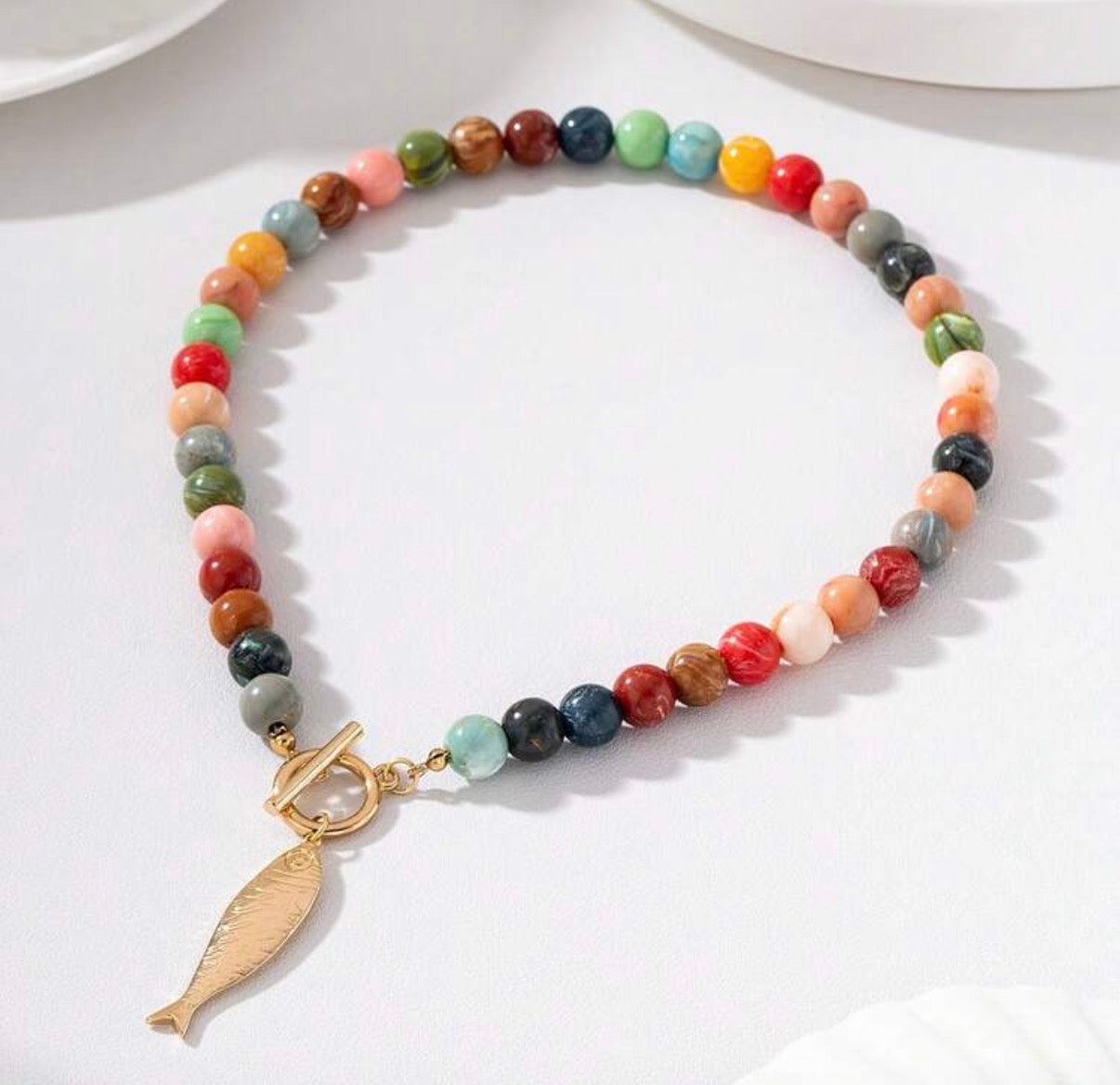 Colorful Beaded Gold Toggle Necklace with Large Fish Pendant
