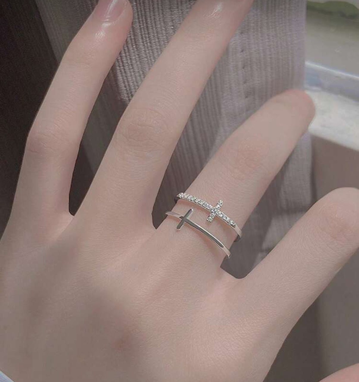 Deliver Double Cross Pavé Adjustable Ring