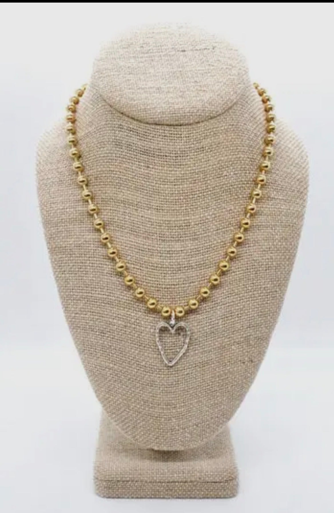 Gold Ball Beaded Chain Necklace with Elongated Silver Heart Charm
