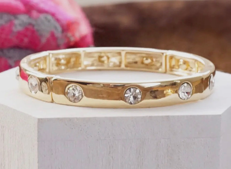 Gold Eternity Stretch Bangle Bracelet with Clear Crystals