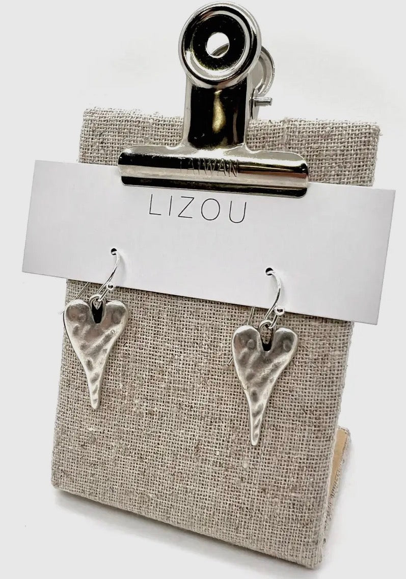 Small Silver Fishook Hammered Heart Earrings