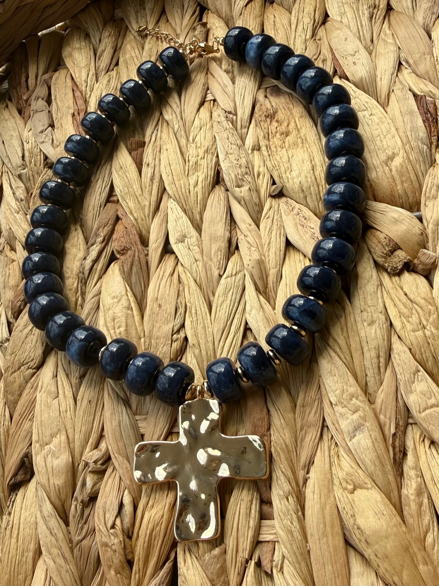 Navy Blue Acrylic Beaded Necklace with Gold Hammered Cross Pendant