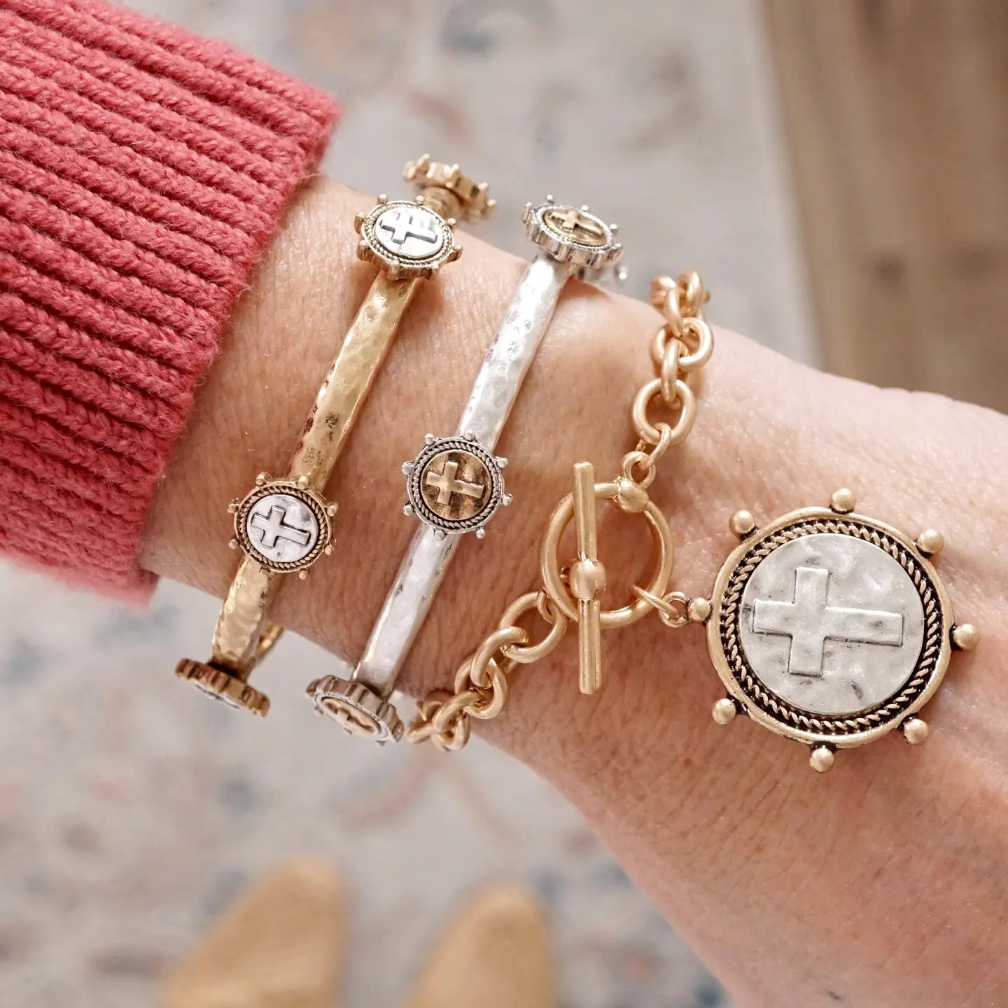 Gold Chain Bracelet with two tone coin cross pendant & toggle closure