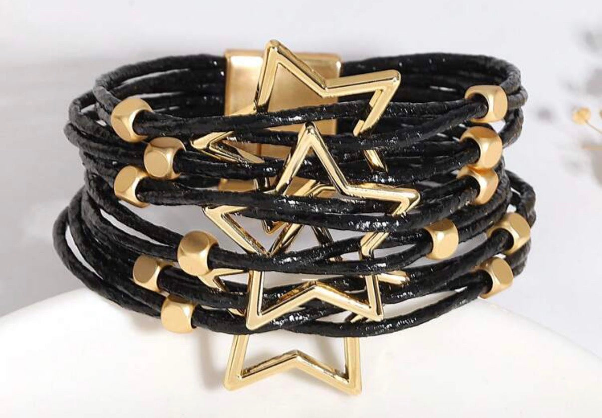 Two-Tone Mixed Media/Multi Layer/ Multiple Star Black Bracelet with Gold Beading & Clasp