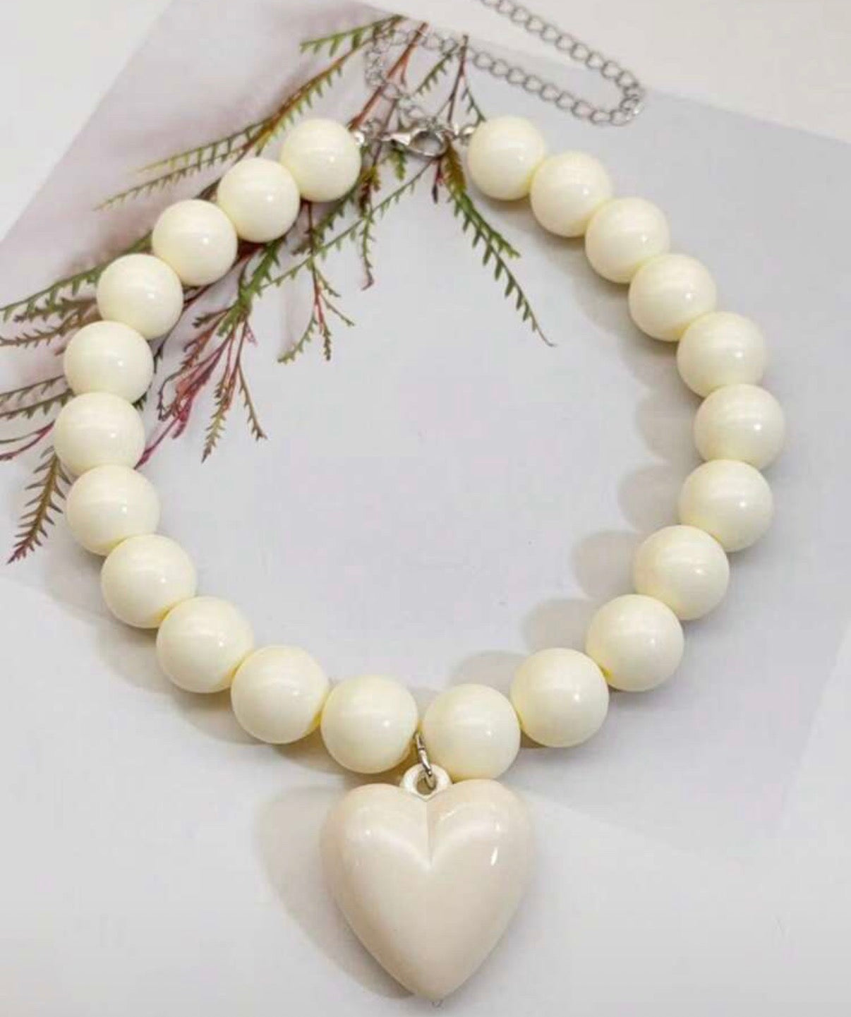 Cream Acrylic Beaded Necklace with Puffy Heart Pendant
