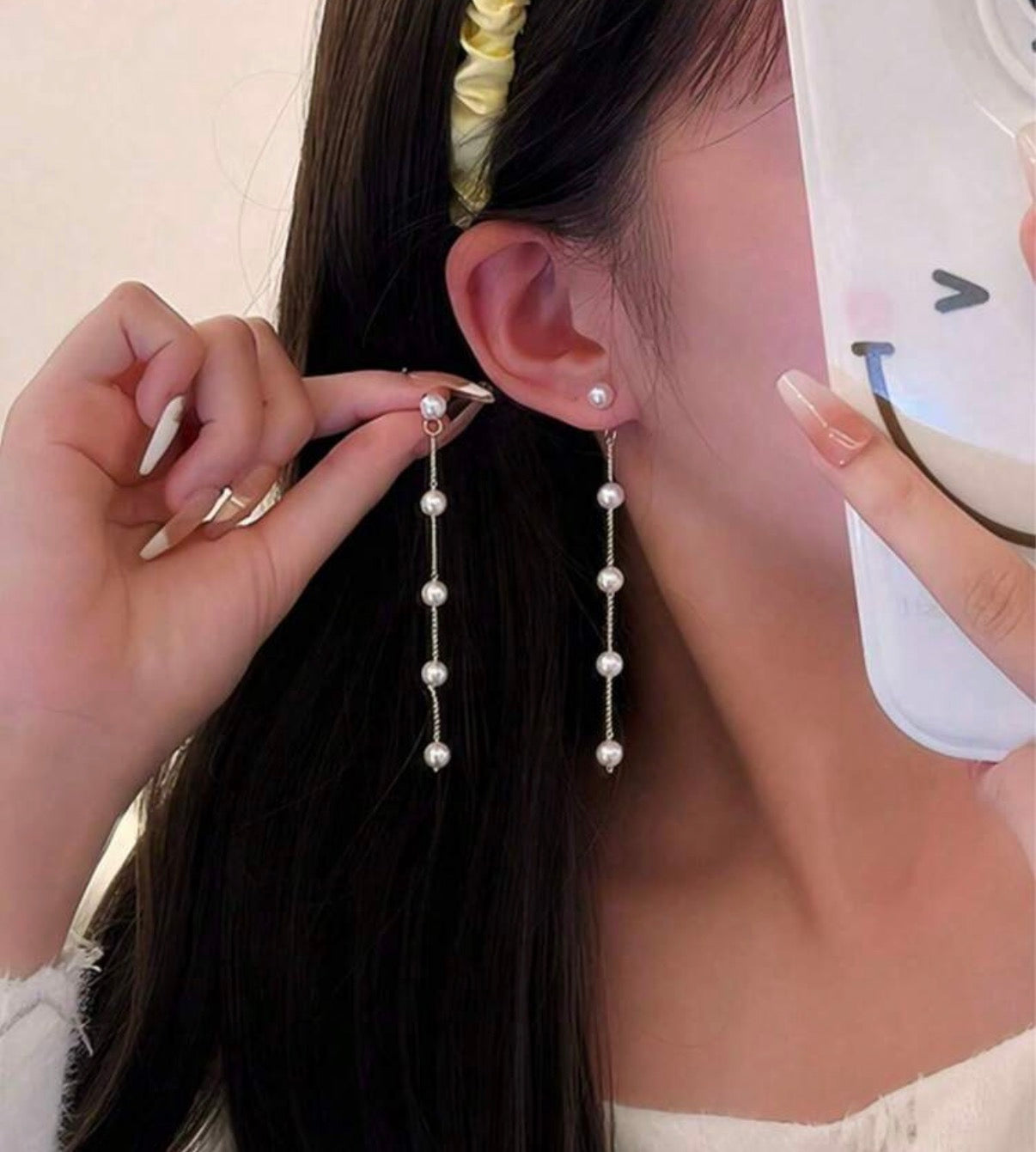 Long Gold Chain Drop Earrings with Pearl Accents