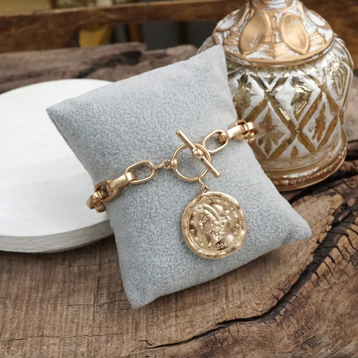 Worn Gold Cable Chain Link Bracelet with Coin Charm