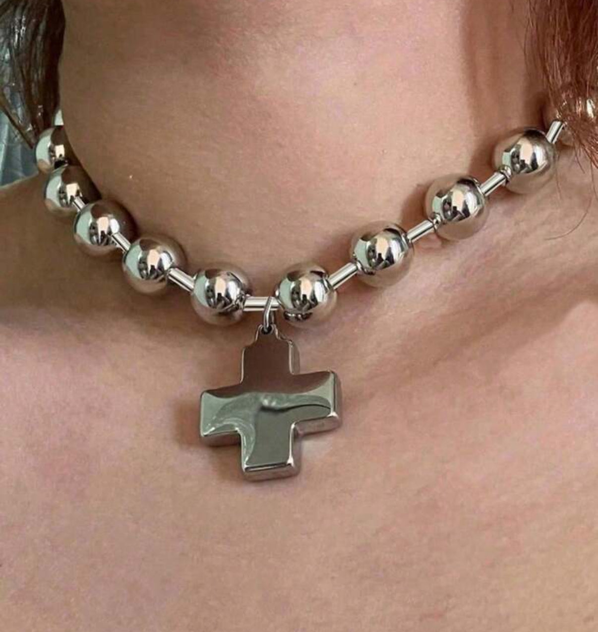 Silver Steel Ball Beaded Necklace with “Squared”Cross Pendant
