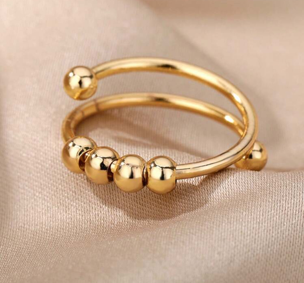 Gold Adjustable Single Ring with Ball Bead Accents