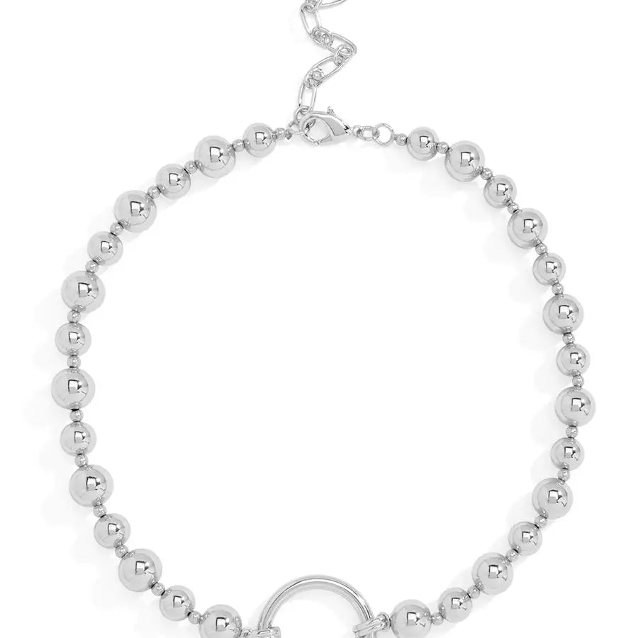 Silver Metal Circle Charm Beaded Collar Necklace