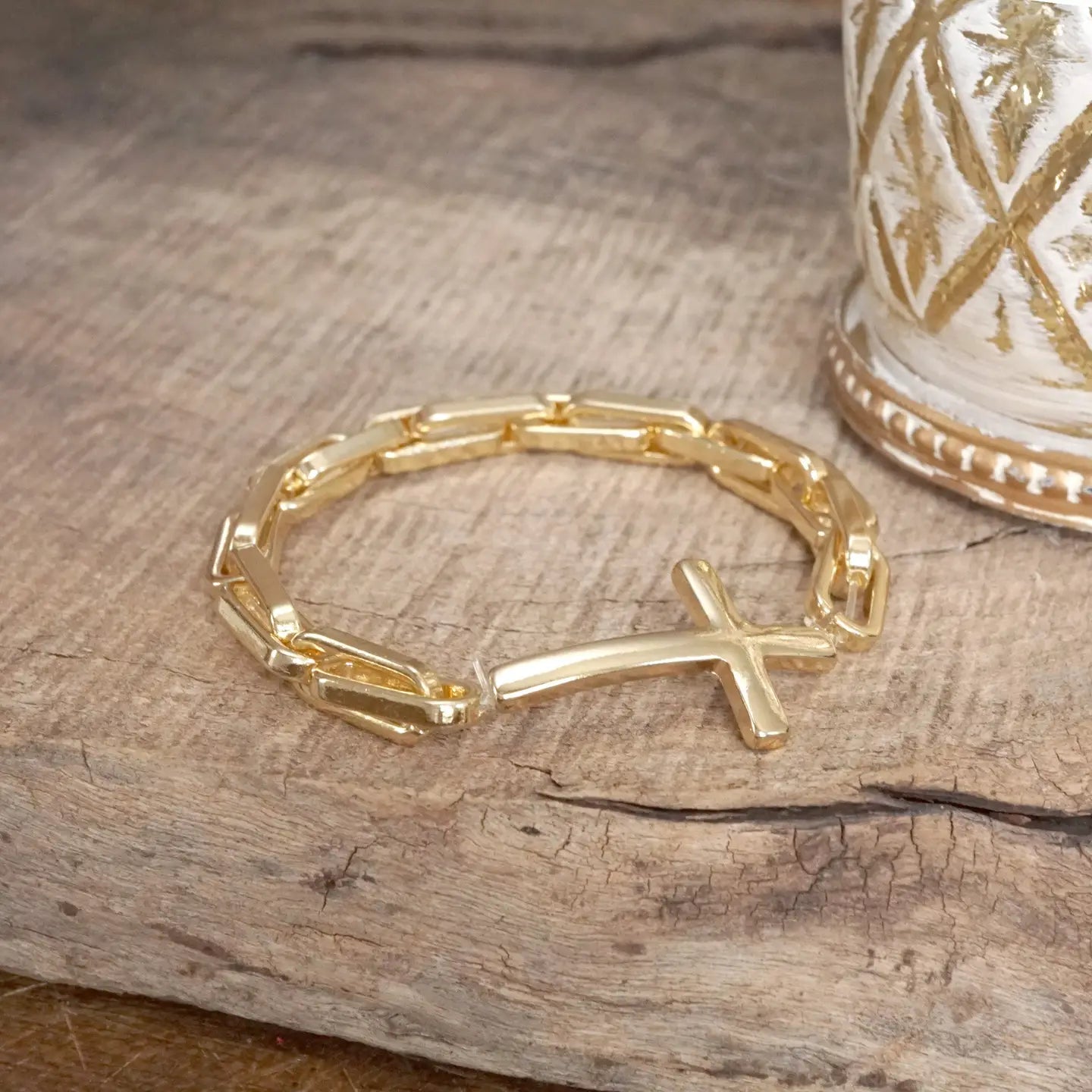Gold Sideways Cross Stretch Bracelet