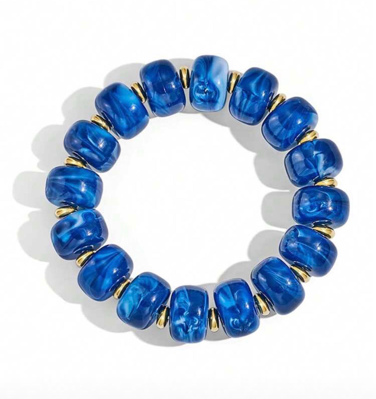 Blue & Gold Resin Beaded Stretch Bracelet