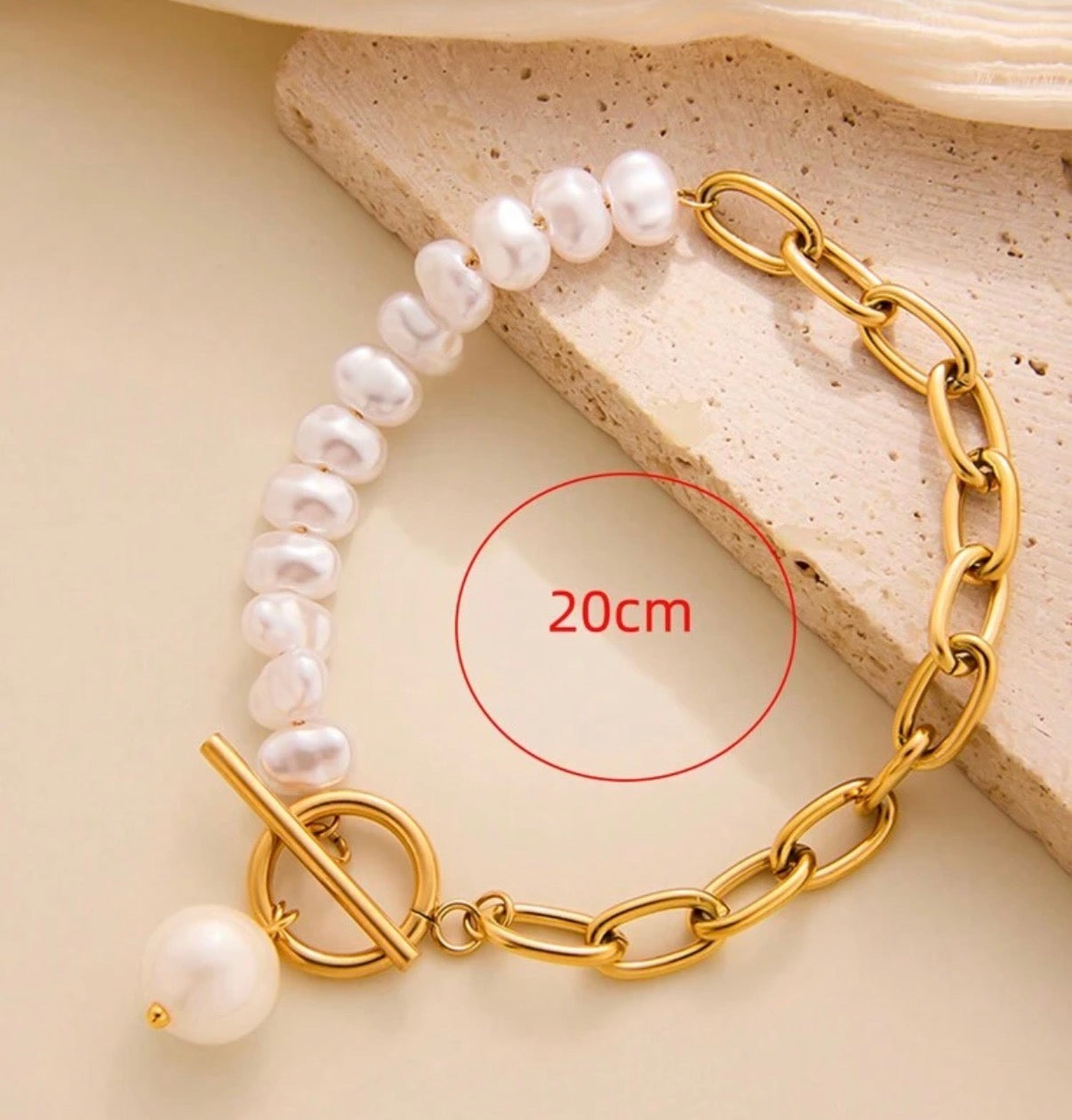 Gold Stainless Steel Chain & Pearl Beaded Toggle Bracelet