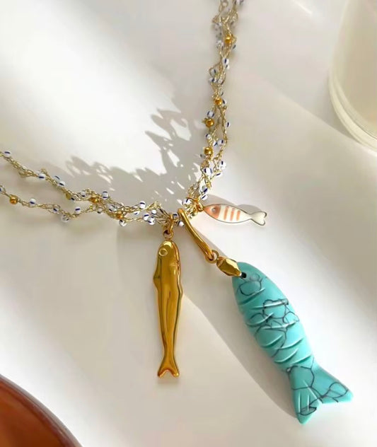 Two Tone, Multi- Layerd Beaded Necklace with 3 Fish Pendants