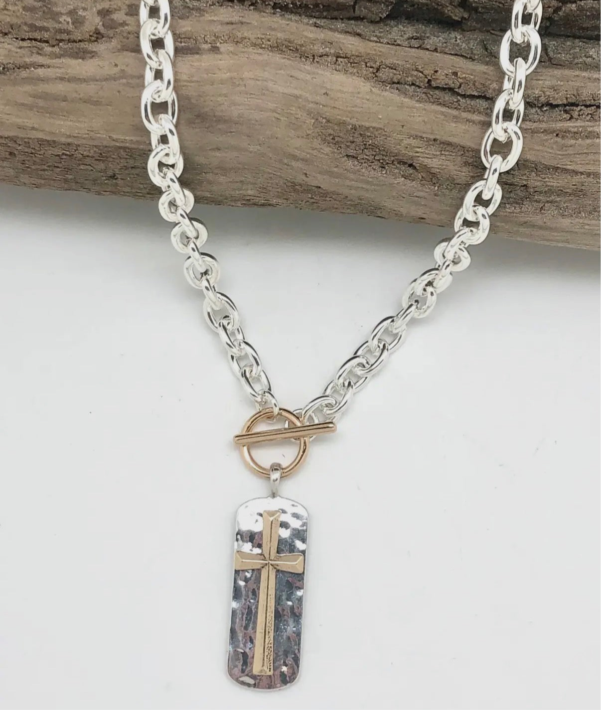 Silver Toggle Chain Link Necklace with Two-Tone Cross Tag Pendant