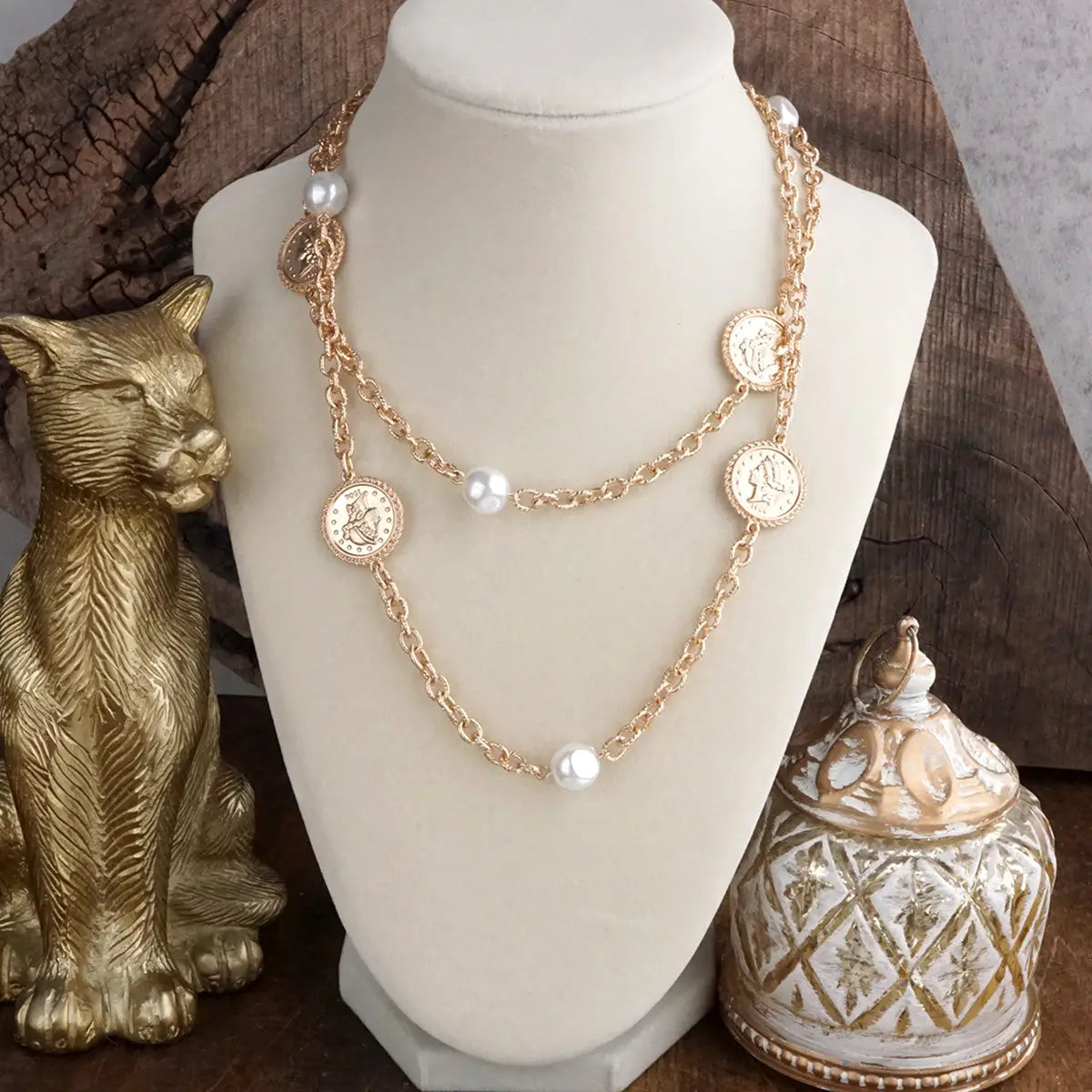 Timeless & Whimsical- Gold Coin & Pearl Station Necklace