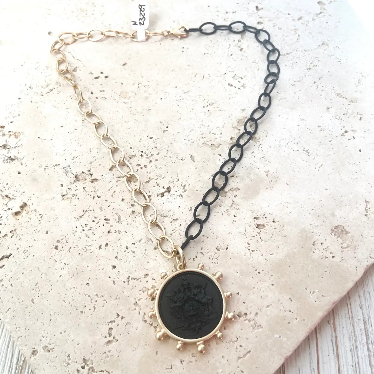 Mixed Metal- Matte Gold & Black Chain Necklace with Matte Black Coin and Gold ball accents.
