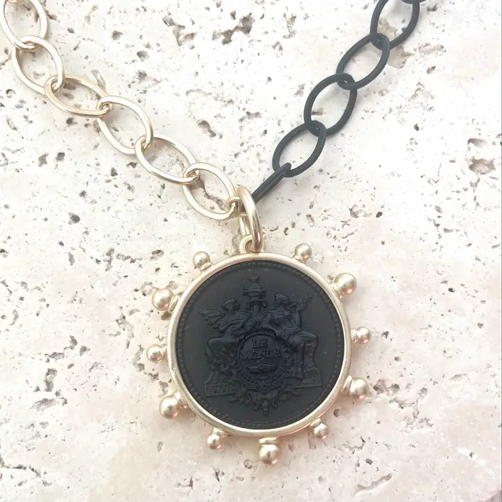 Mixed Metal- Matte Gold & Black Chain Necklace with Matte Black Coin and Gold ball accents.