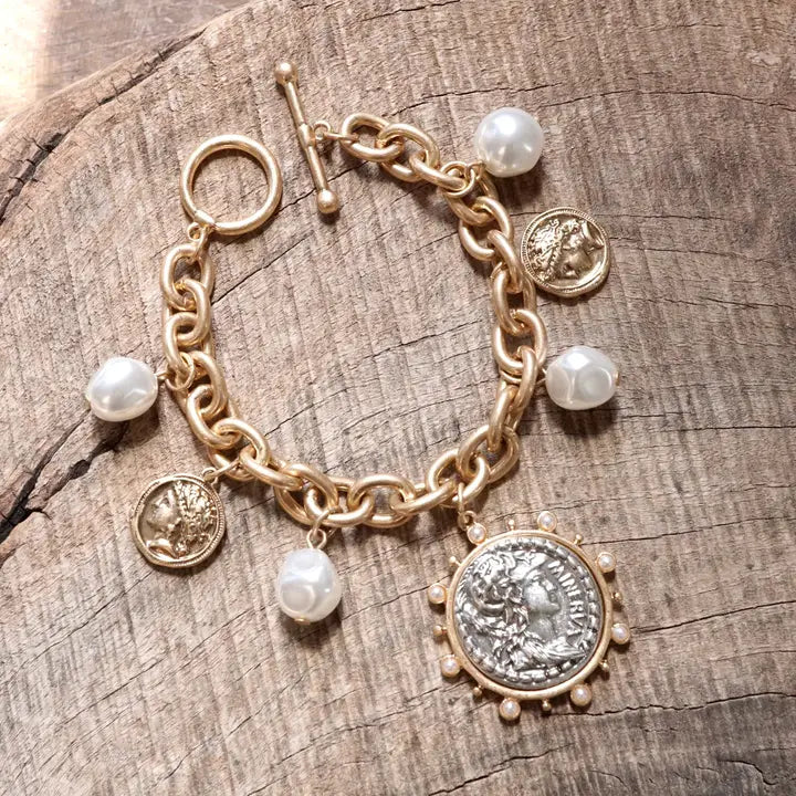 Gold Boho Bracelet with Two-Tone Statement Coin & accessory Pearl Charms.