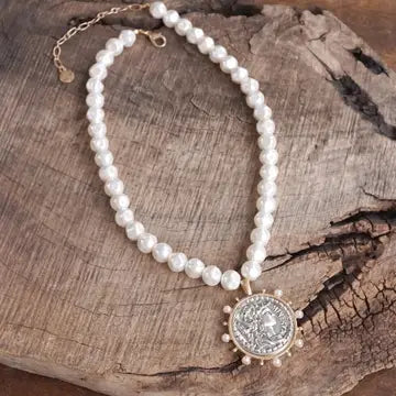 Boho Pearl Statement Necklace with Two-Tone Spiky Coin Pendant