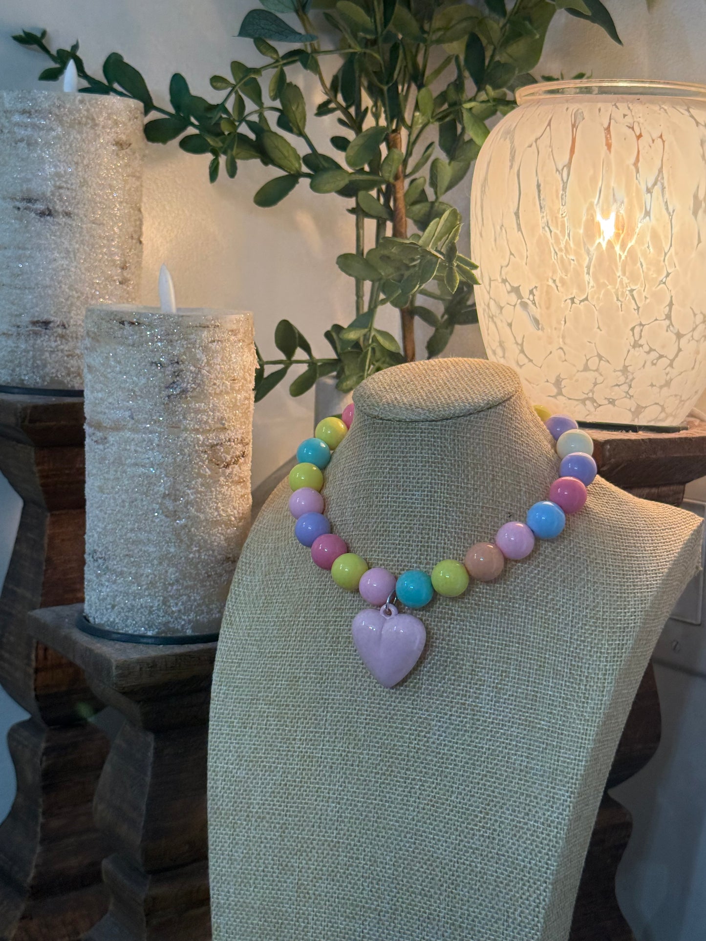 Candy Colors, Macaron Beaded Necklace with Dopamine Puffy Heart Pendant.