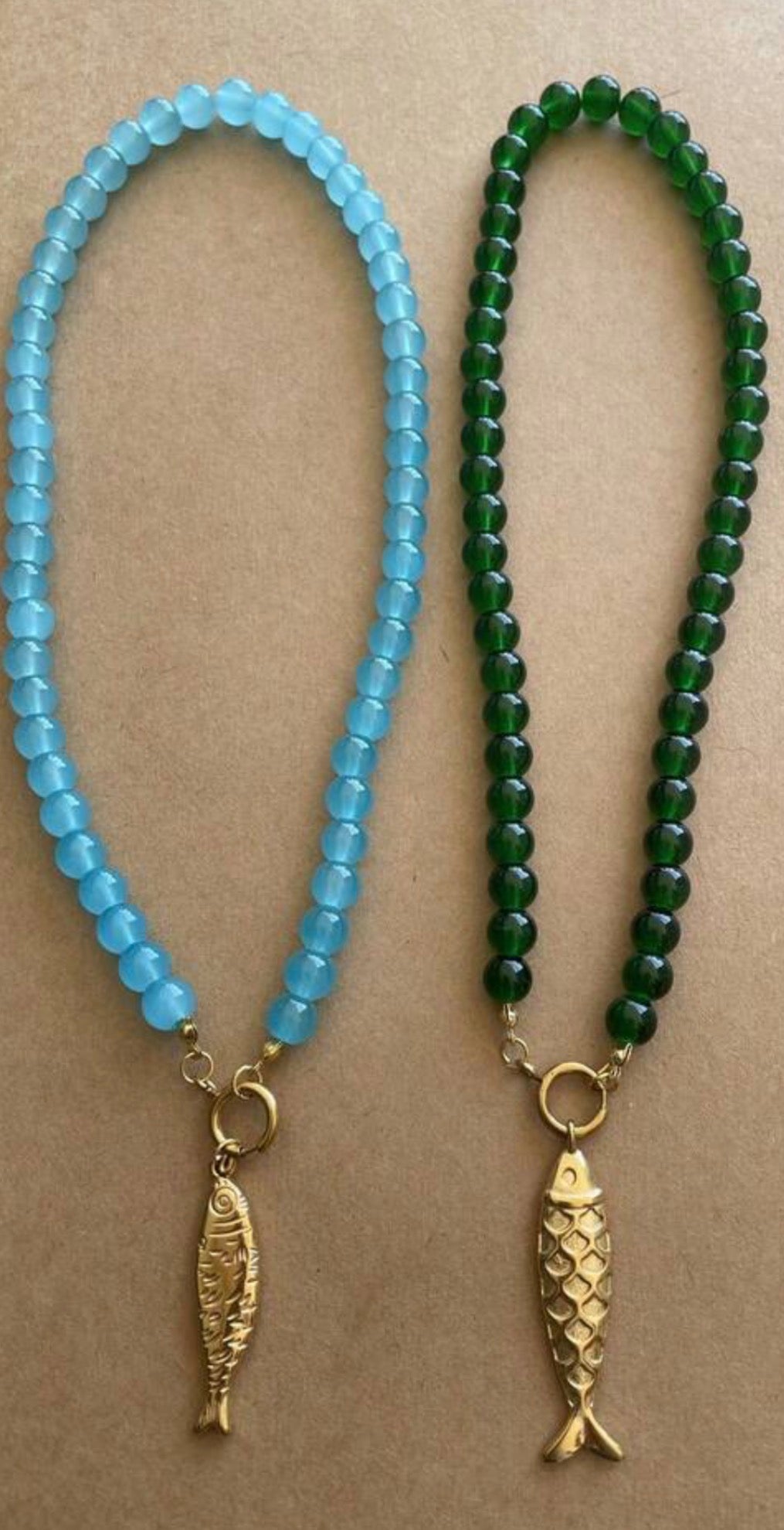 Bright Vibrant Ocean Blue Beaded Toggle Necklace with Gold Fish Pendant