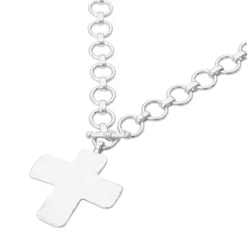 Silver Chunky Chain Toggle Necklace with Hammered Cross Pendant
