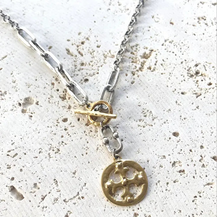 Two-Tone Silver Chain Necklace with Gold Toggle & Gold Cross pendant