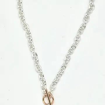 Silver Toggle Chain Link Necklace with Two-Tone Cross Tag Pendant