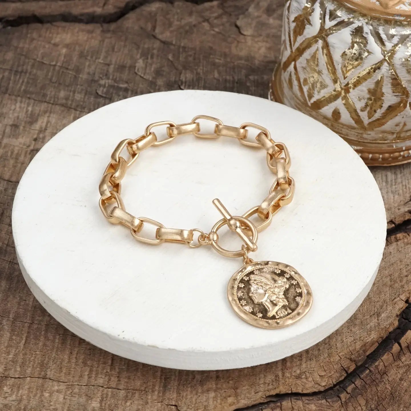 Worn Gold Cable Chain Link Bracelet with Coin Charm