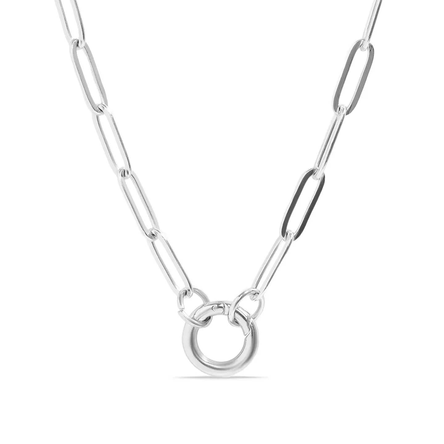 Silver Paperclip Carabiner Charm Holder Necklace with Silver & Pearl Cross Charm